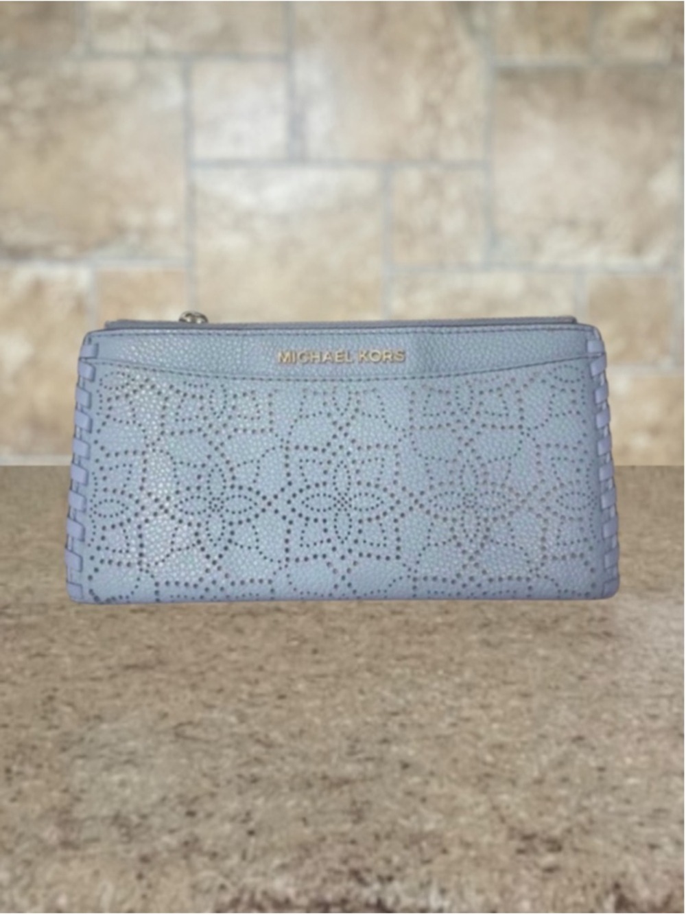Michael Kors Karson Laser Cut Slim Card Case Wallet Pale Blue